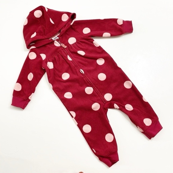 Carter's baby girls polkadot print fleece zip up jumpsuit with hood - Picture 1 of 3